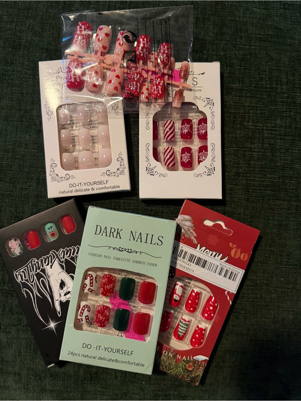 Assorted Holiday Press-On Nails - Red, Green, Pink 6 packages new